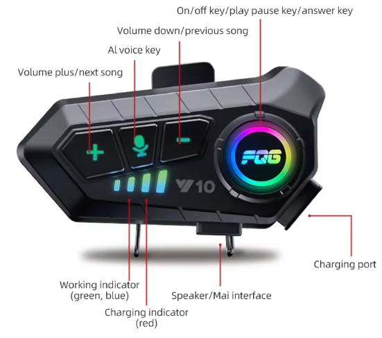 Y10 Bluetooth Kommunikationssystem für Motorradhelm mit Lautsprechern & Mikrofon